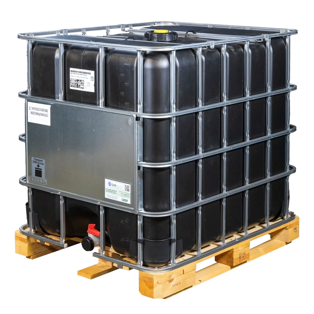 IBC-Container 1000l neu schwarz auf Holzpalette 150mm Deckel mit Gefahrgutzulassung und D17-Entgasung