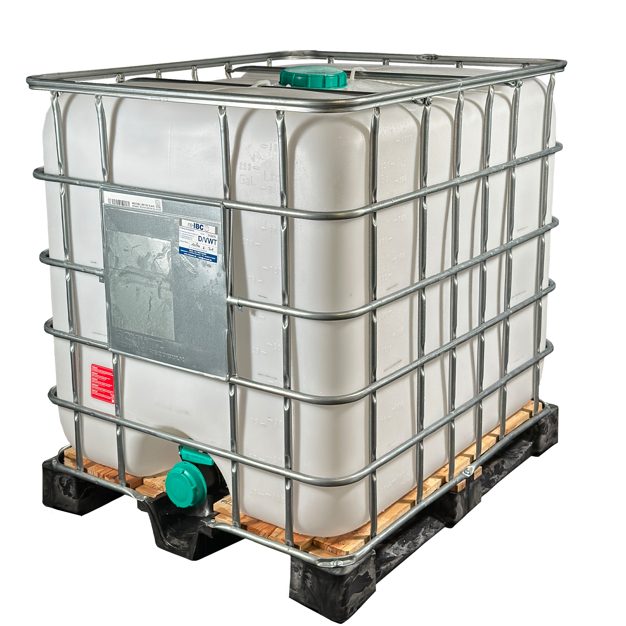 IBC-Container 1000l gebraucht auf Kunststoff-holzpalette 150mm Deckel und 3 Zoll Auslauf