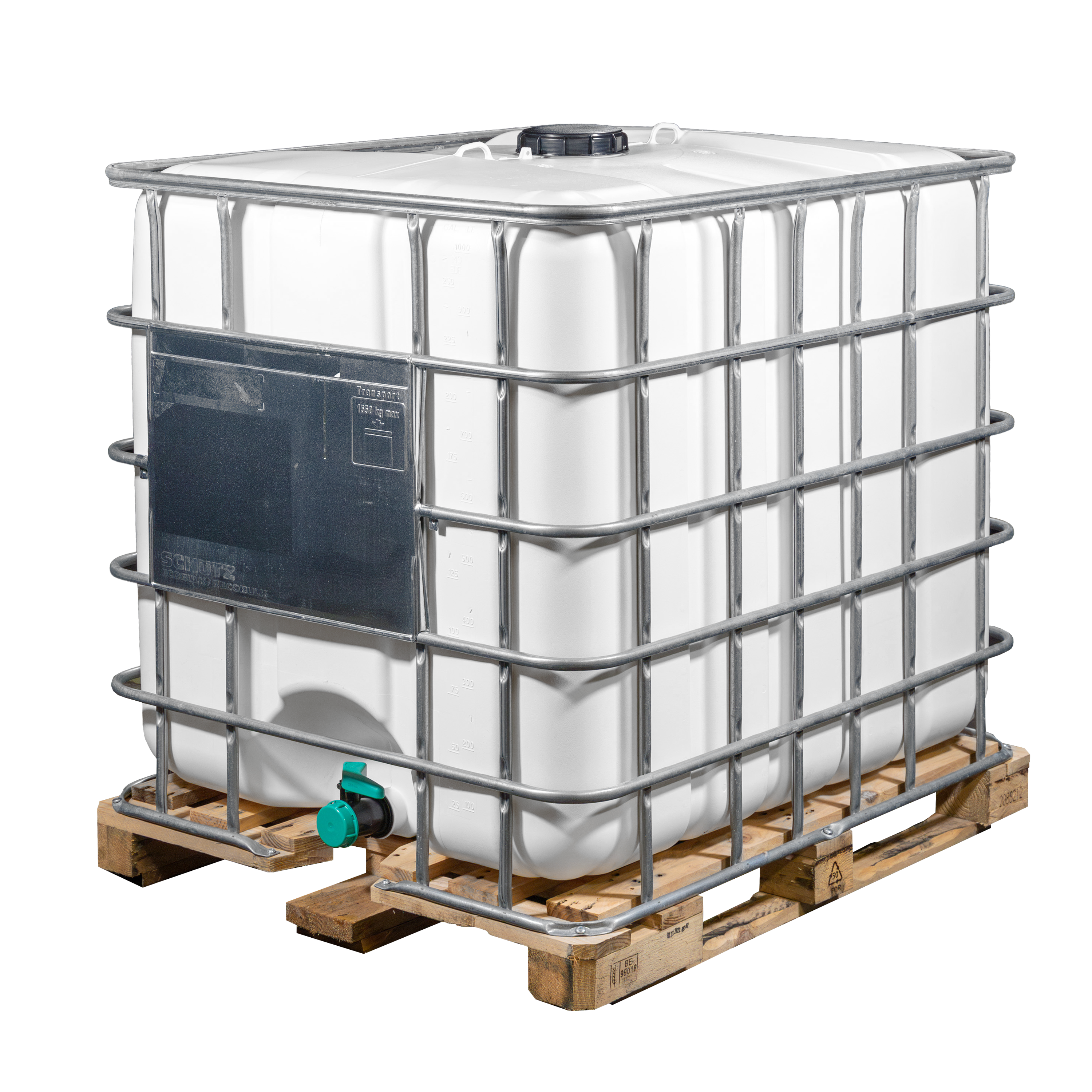 IBC Container 1000l mit UV-Geschütztem neuem Innenbehälterr auf Holzpalette und Lebensmittelzulassung